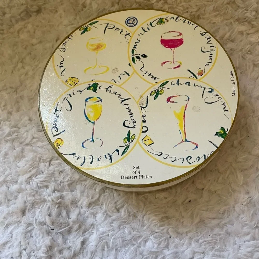 Rosanna Art Set of 4 Brunch, Appetizer ,Wine Cheese Whimsical Hand Drawn plates